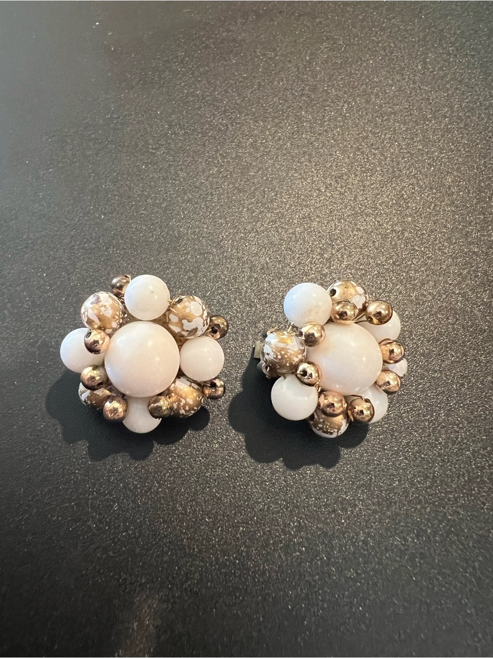 Classic White and Gold Cluster Clip-On Earrings - Women Jewelry. Marked Japan